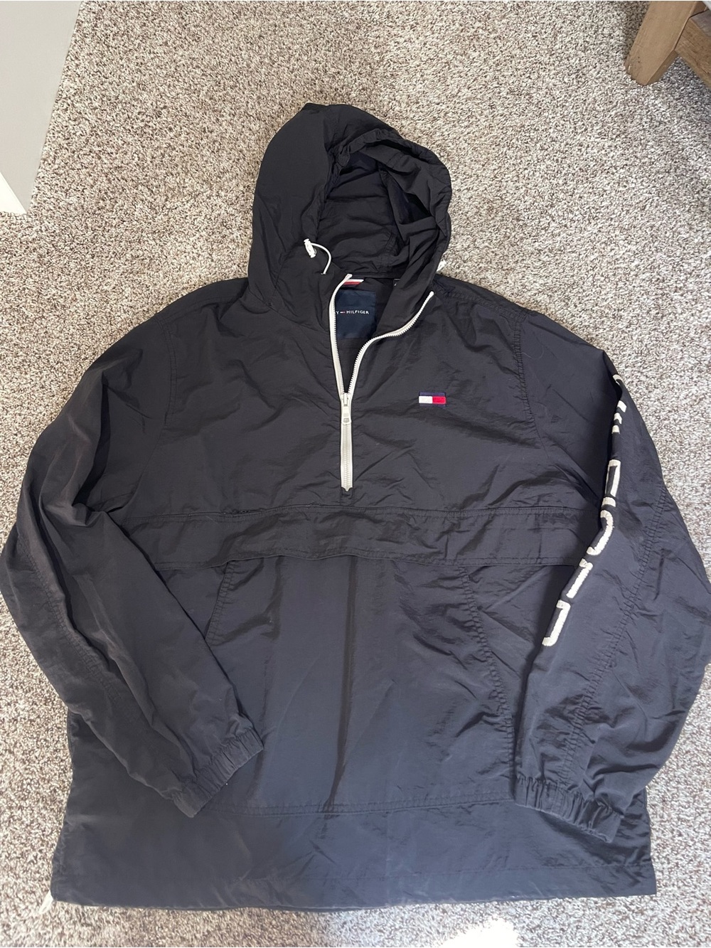 Tommy Hilfiger Black Hooded Anorak Windbreaker with Sleeve Logo